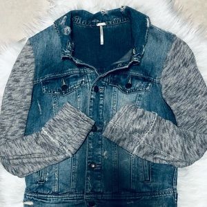 Free People Denim Jacket With Sweat Sleeves Size XS EUC